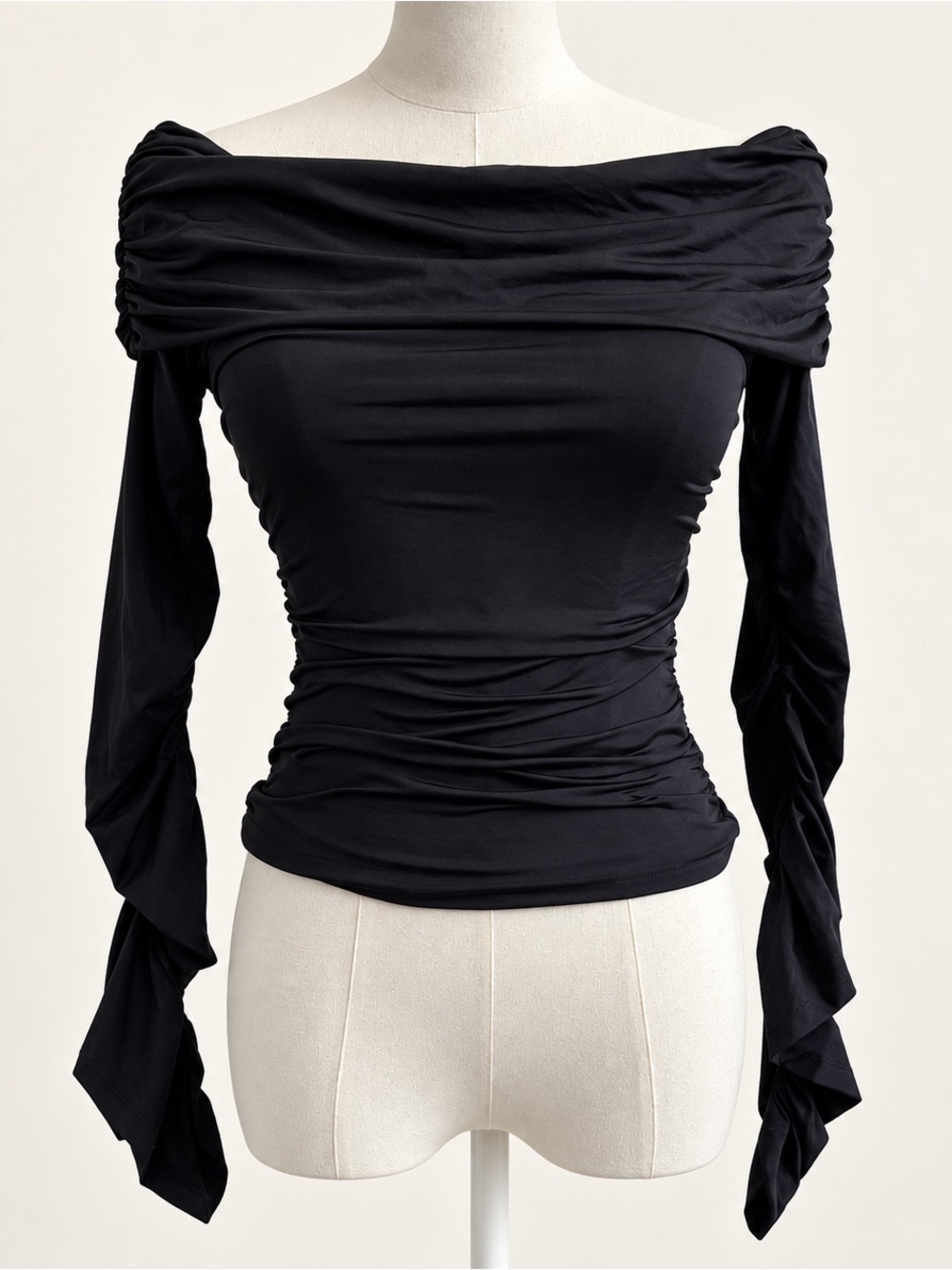 NWT White Fox Boutique Black Off Shoulder Ruched Top Women's XS